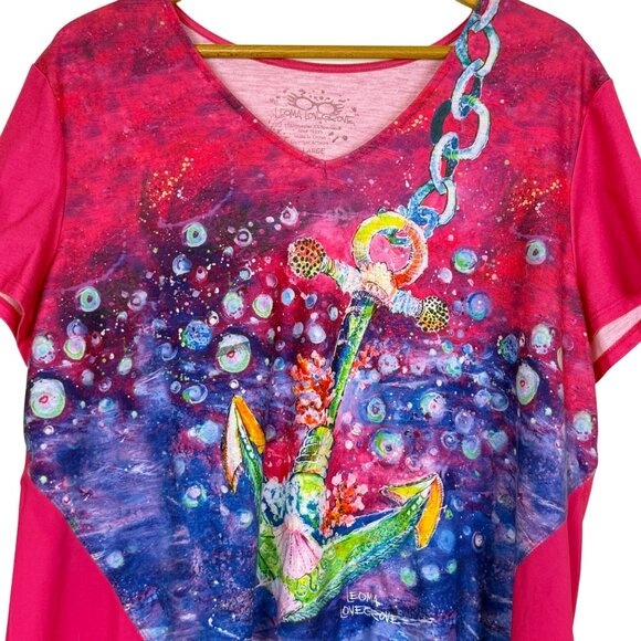 Leoma Lovegrove Womens V-Neck Top Sz XL Anchor Artwork Asymmetrical Hem - Picture 2 of 9